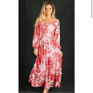 Natural Life NWT Women's Daria Smocked Maxi Dress Red Pink Size S